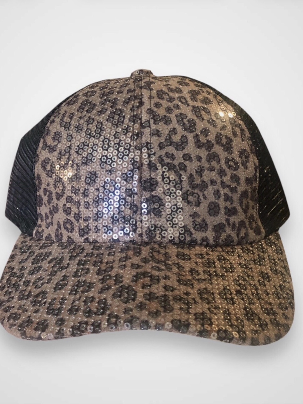 C.C Sequin Leopard Adjustable Trucker Hat - Black Mesh, Brown Leopard